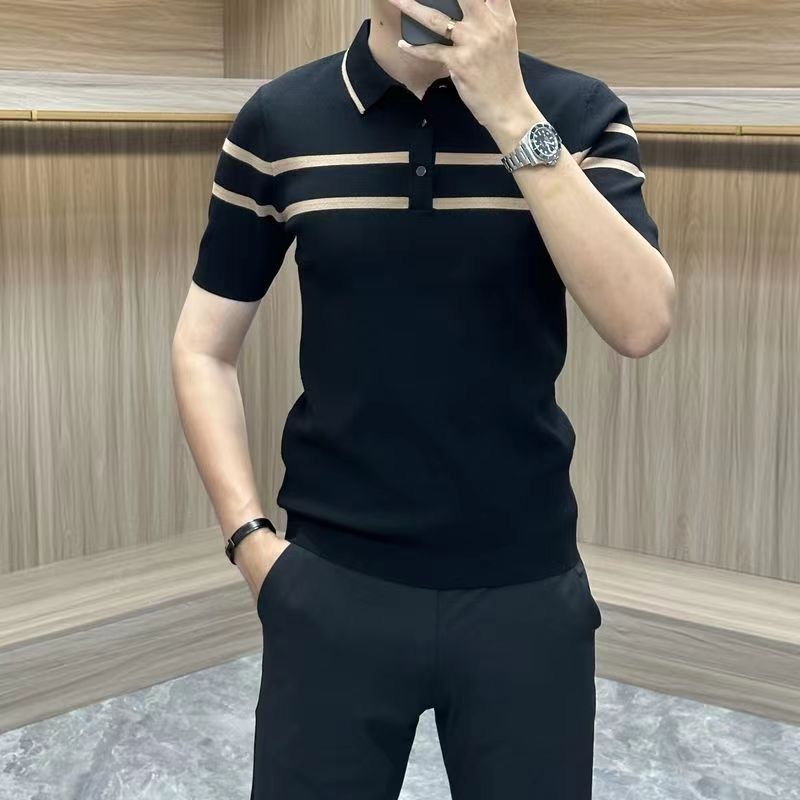 kaos polo rajutan lengan pendek pria kerah kontras bergaris