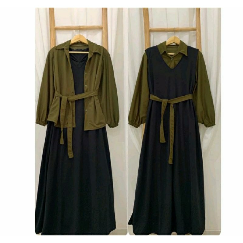 Gamis terbaru overall, gamis polos panjang dengan tali pinggang