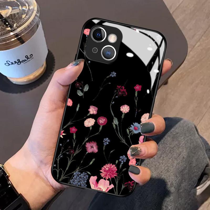Kaca Glass Case For Iphone 13 11 Pro Max 12 Mini 14 Plus 15 Soft Floral Bunga Silikon Casing