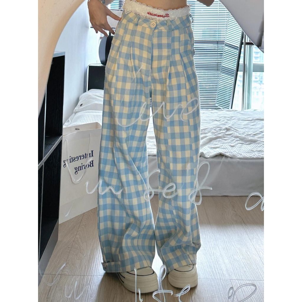 Dainty Vogue Celana Kotak-Kotak Biru, Celana Kasual Tipis, Celana Longgar Berpotongan Lebar