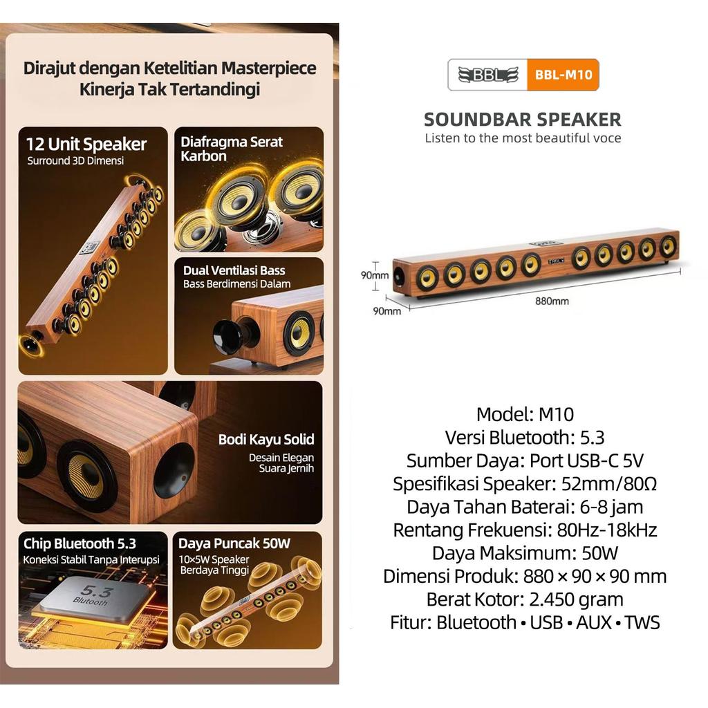 Any Yummy Soundbar Bbl-M10 10 Speaker, Bluetooth 5.3, Bass 360 & Kayu Solid - Suara Cinema Di Rumah
