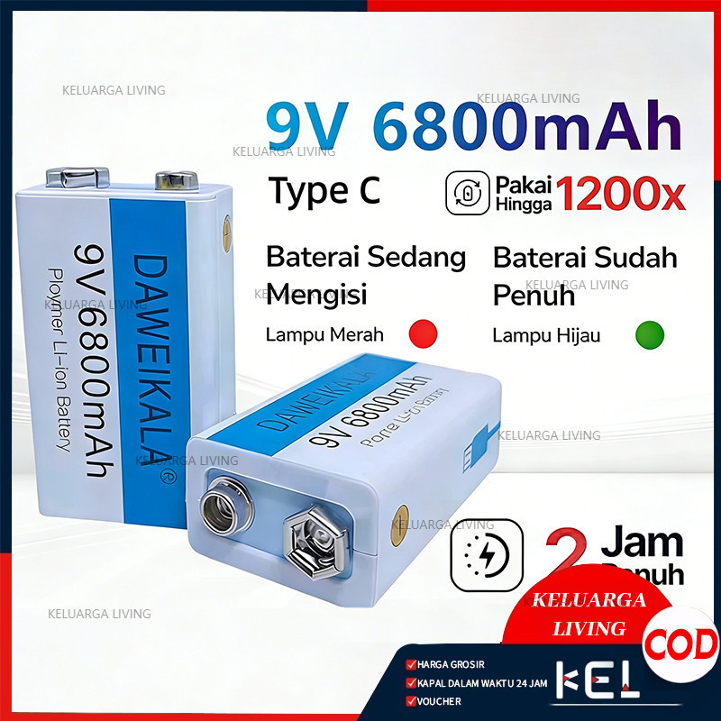 Baterai 9 V Rechargeable Li-ion USB Type-C 6800 MAh D 9V / Baterai 9v Rechargeable Volt Bisa Dicas K