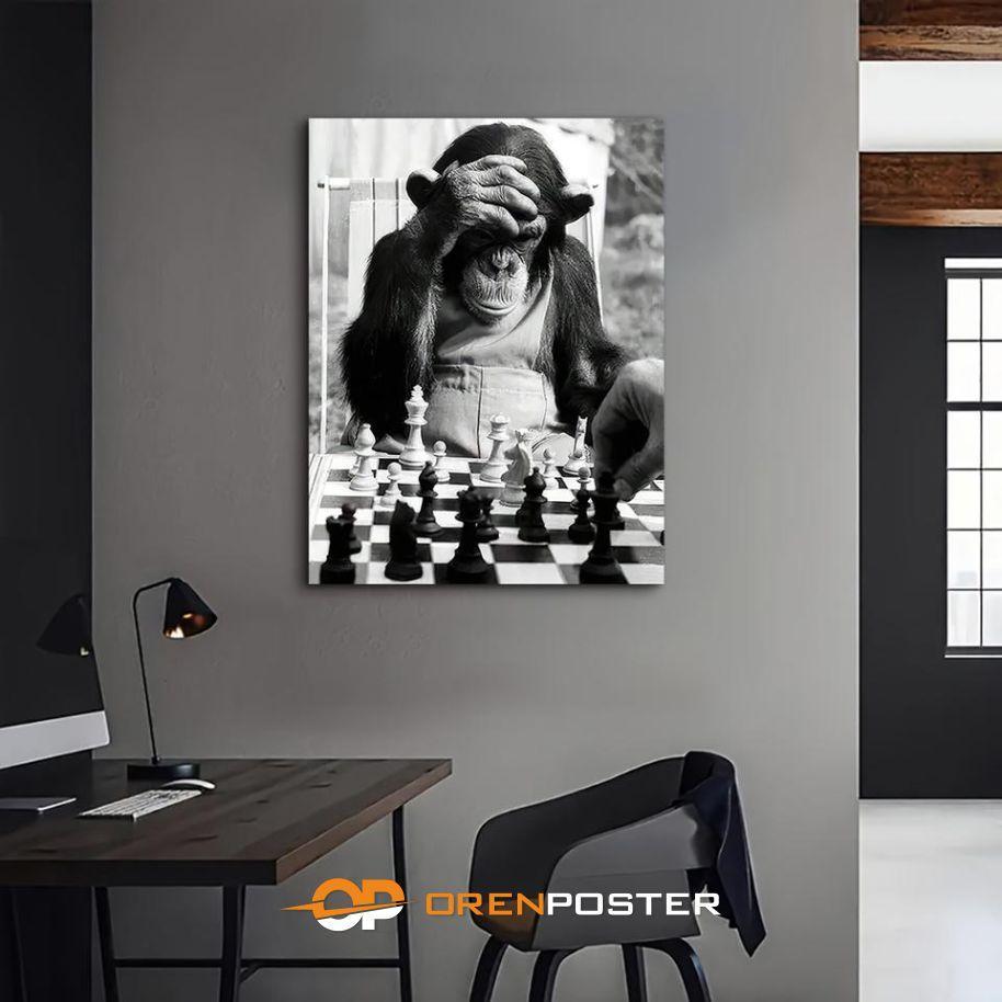 Hiasan Dinding Poster Kayu 20X30 A4 MDF Classic Vintage Animal Monkey Playing Chess HD Bedroom Decor