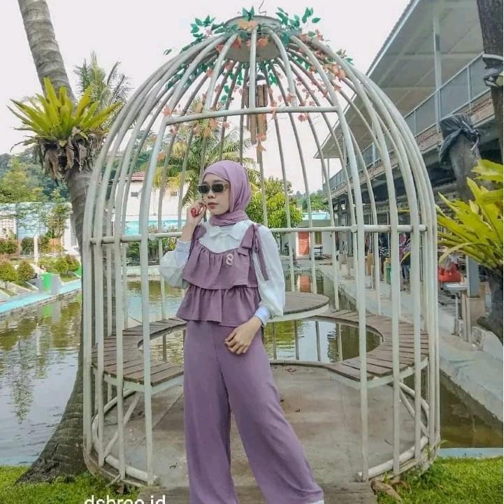 one set 1 set alluna atasan plus highwaist celana kulot cringkel sage lavender fusia pink Poliester 