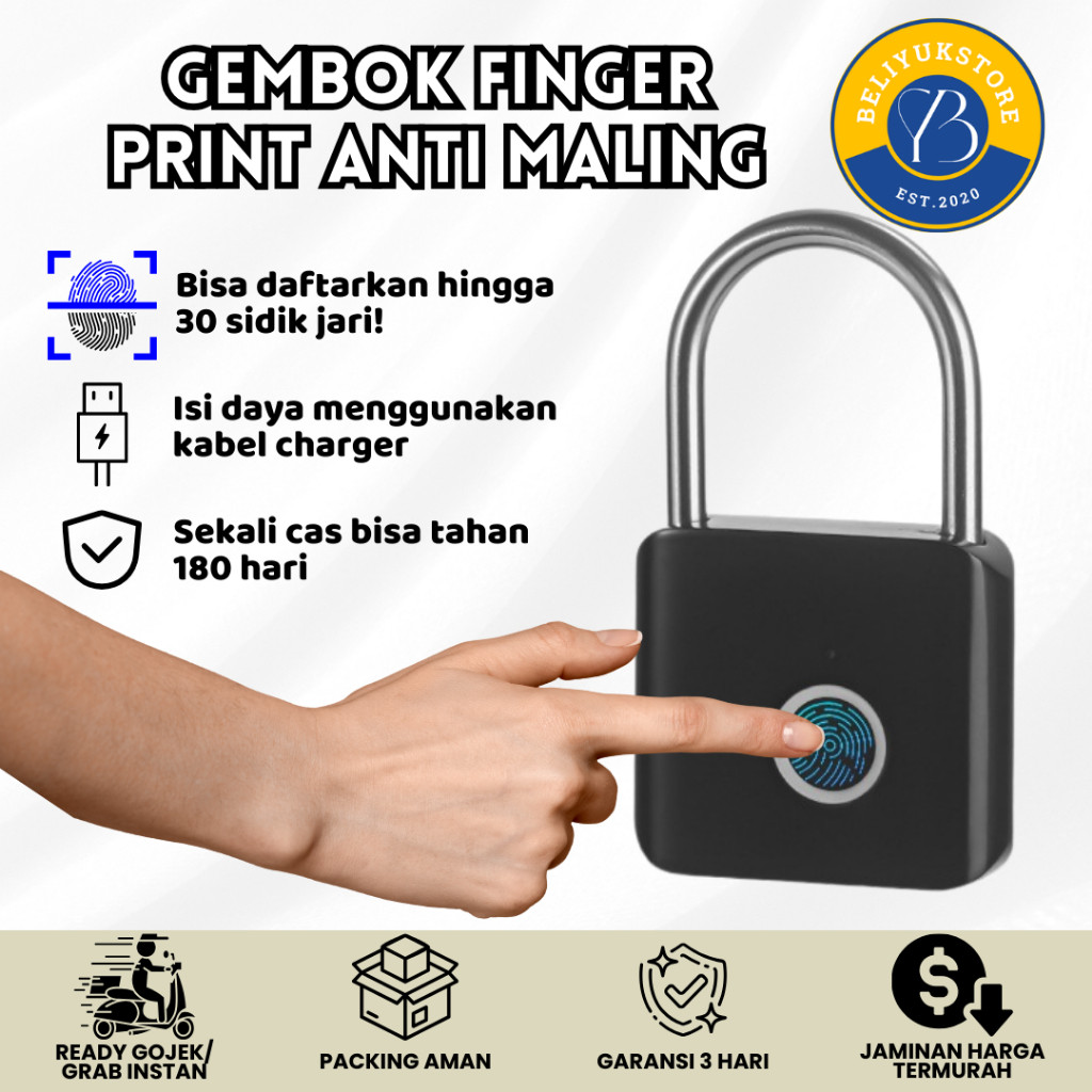 TERLARISGembok pagar anti maling gembok sidik jari tanpa kunci Smart Fingerprint Padlock Security ku