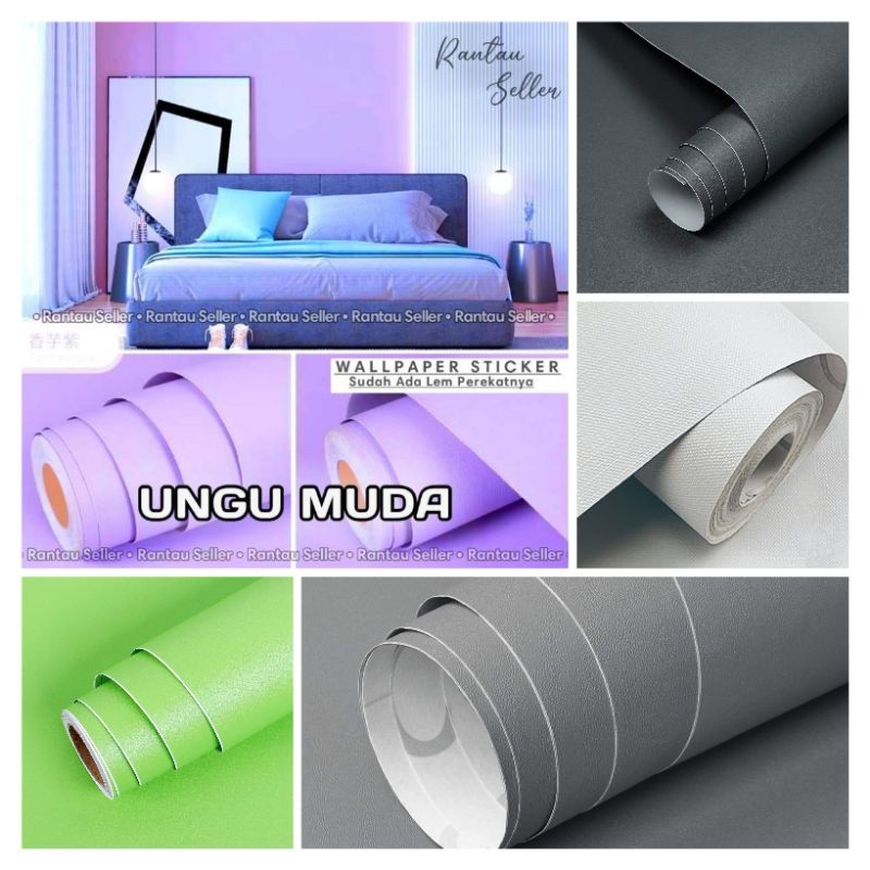 READY !Wallpaper Aesthetic  Sticker Dinding Motif Putih Polos ungu muda ungu tua putih pastel hijau 