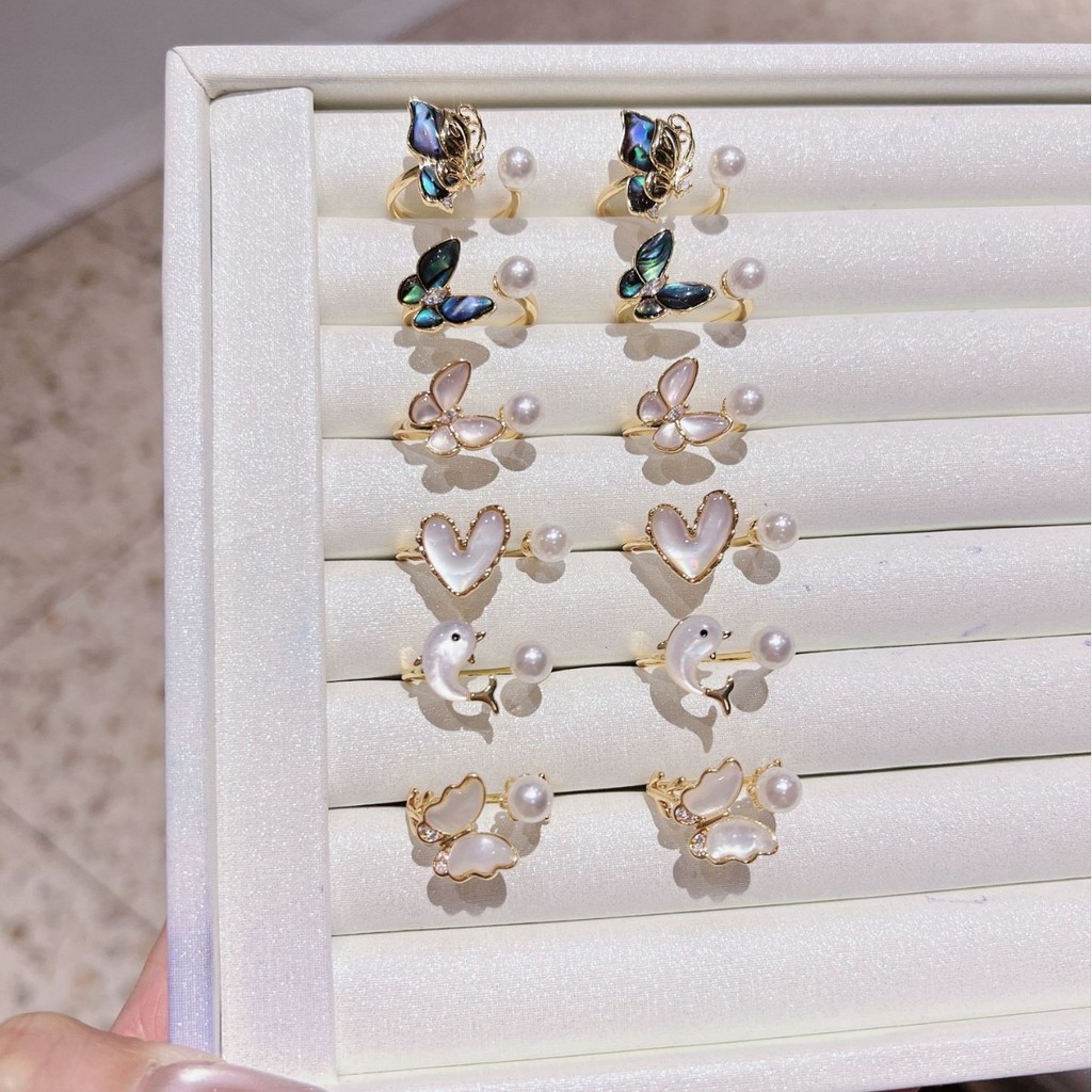 Cincin cangkang alami guru, cincin cangkang kupu-kupu cangkang putih tiga dimensi melengkung, dapat 