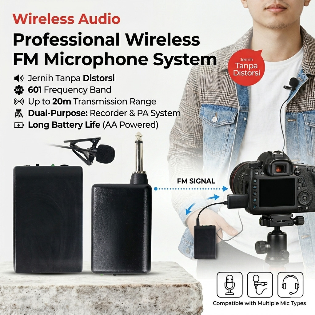 Mikrofon Wireless FM Clip On Mic Imam Masjid Pidato Presentasi Wireless Transmitter Receiver Jack 6.