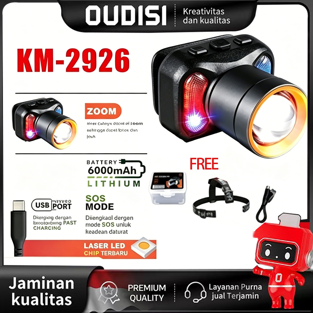Headlamp LED Outdoor Senter Kepala Zoom LED KM-2926 Super Terang Headlamp Jarak Jauh Tahan Lama Lamp