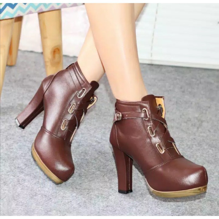 Sepatu Boots Kulit Vintage Boots Wanita Tinggi 10cm Sintetis Anti Slip