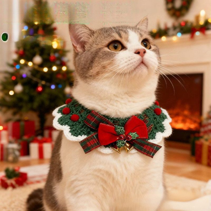 Pakaian Natal untuk kucing, syal, kerah rajut, syal rajutan, dan aksesoris.