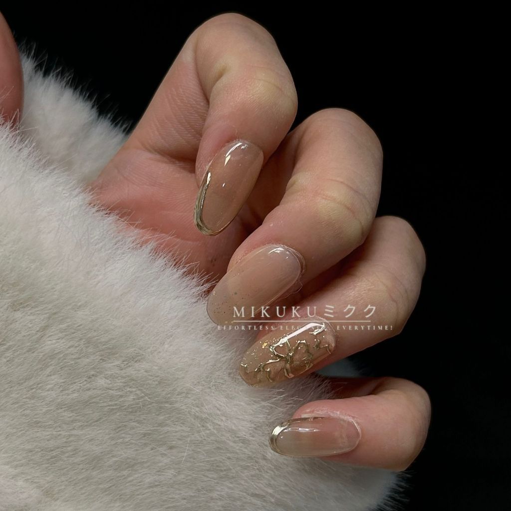 New MKK1363 - Kuku Palsu Nude Transparan Gold Line Elegan Oval Panjang | Kuku Palsu French Style Min