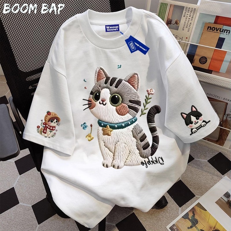 BOOMBAP American retro Style T-shirt Oversize Original Trendi Merek Kucing sulaman hewan Print top| 