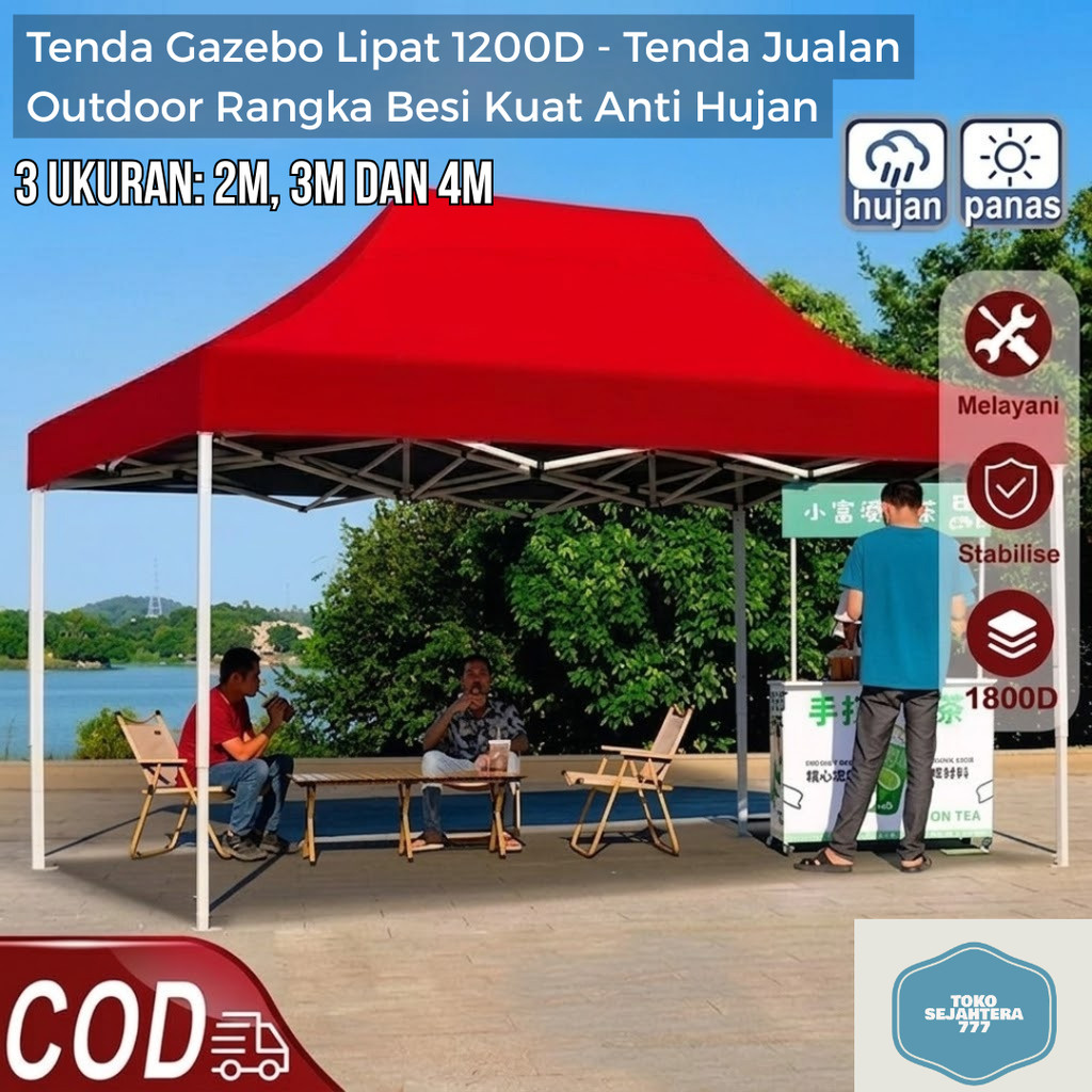 Tenda Gazebo Lipat 1200D - Tenda Jualan Outdoor Rangka Besi Kuat Anti Hujan