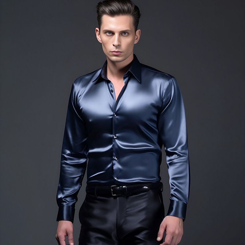 New Men's Satin Solid Color Long Sleeve Shirt