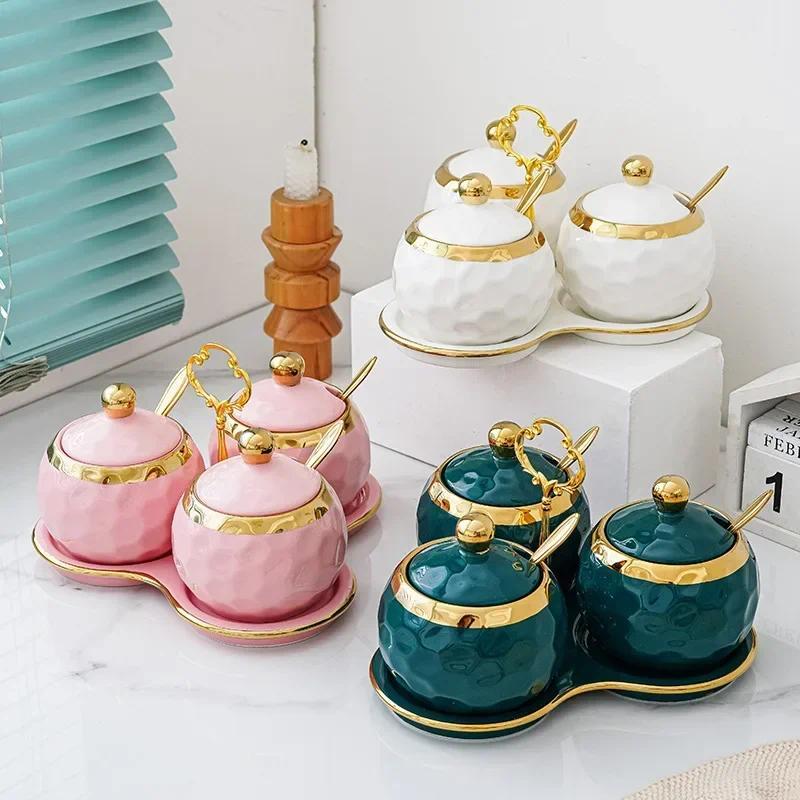 Ceramic seasoning box Nordic household seasoning jar bottle salt sugar MSG jar kitchen supplies comb