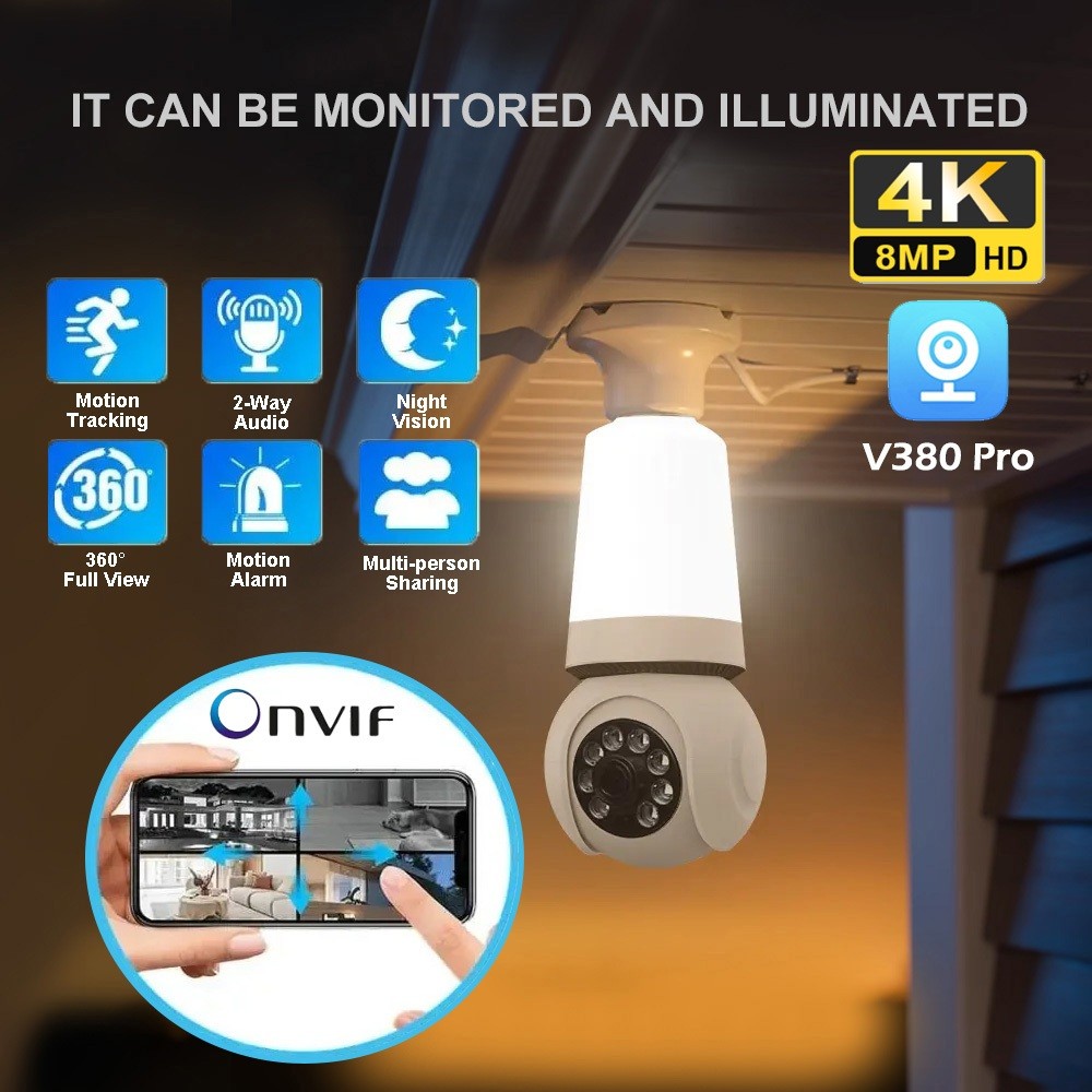 8MP CCTV Wifi IP E27 Lamp Bulb lampu Camera Night Vision Two Way Audio APP V380 PRO support onvif