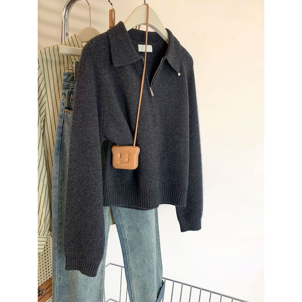 Abu-abu Gelap polo Sweater Rajut Setengah Ritsleting untuk Wanita Kecil