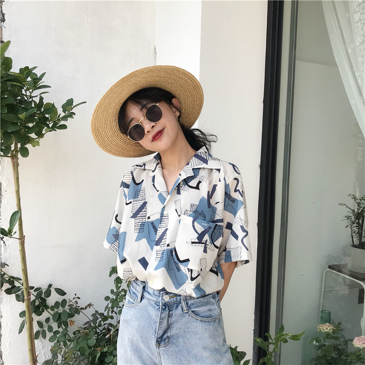 Kemeja lengan pendek gaya Prancis, desain longgar, blus sifon retro, atasan wanita