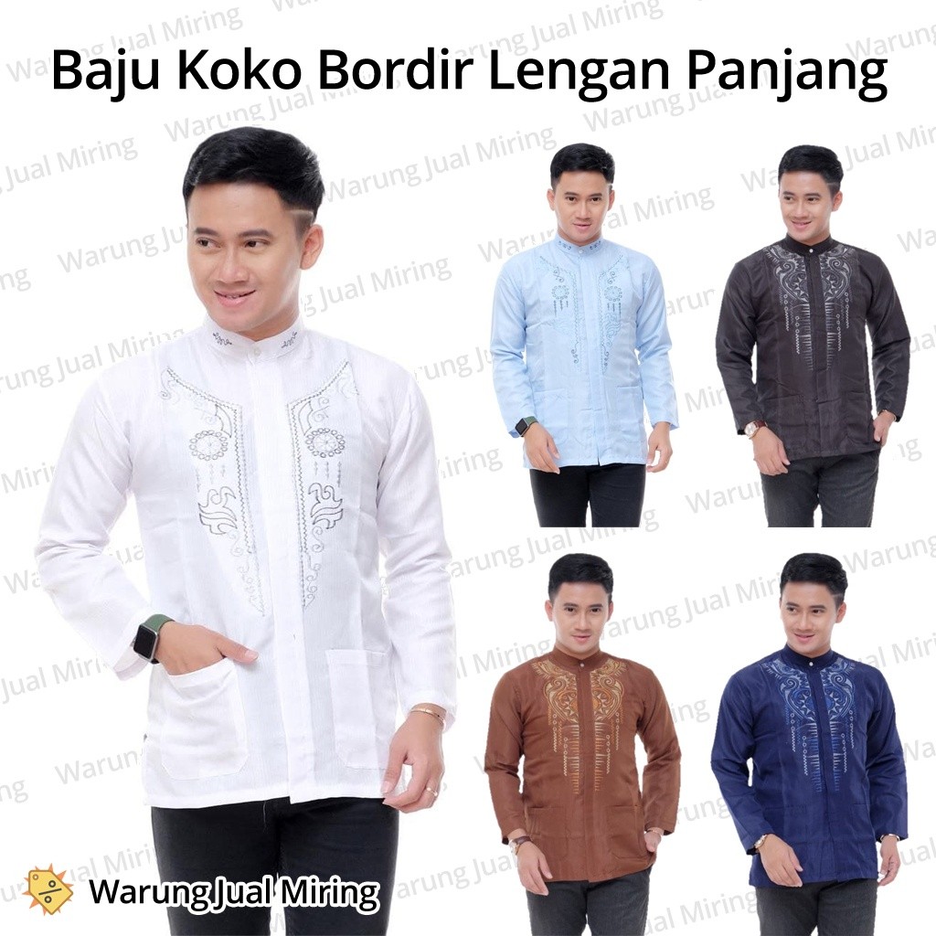 Baju Koko Lengan Panjang Bordir Klasik Kemeja Kantong Polos Dobby Kokoh Tangan Adem Dewasa Pria Laki