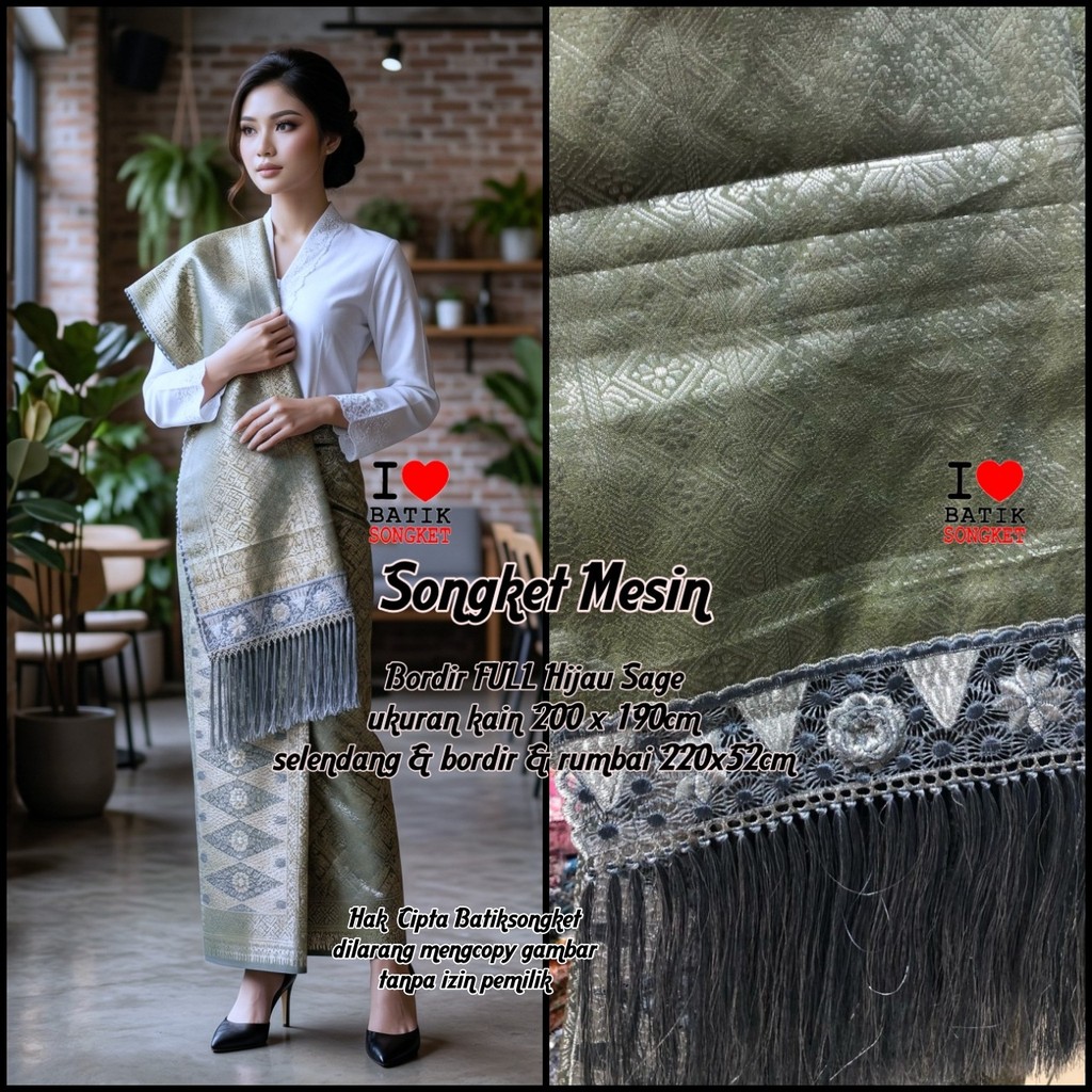 SONGKET MESIN MOTIF 10 BORDIR HIJAU SAGE PENGANTIN HALUS LEPUS PALEMBANG MURAH SETELAN KAIN SELENDAN