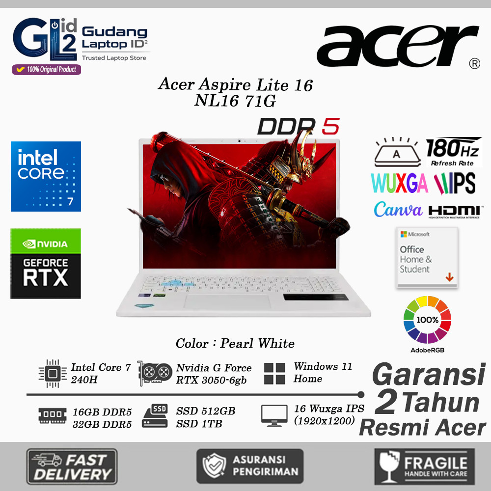 Laptop Acer Nitro Lite 16 NL16 71G Core 7 240H 16GB DDR 512GB RTX3050 6GB 16.0 WUXGA 180HZ Windows11