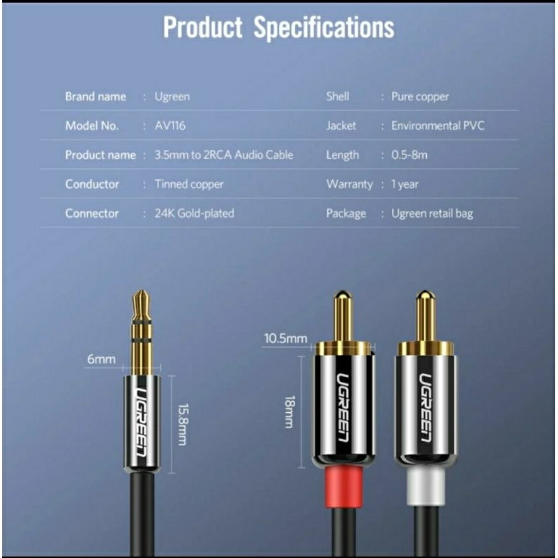 (Urban) Ugreen kabel audio Aux male 3.5mm to 2 rca male 3 meter