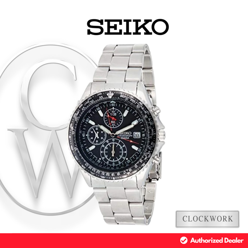 Jam Tangan Pria Seiko Flightmaster Chronograph SND253P1 Rantai Sporty Casual Silver Dial Hitam