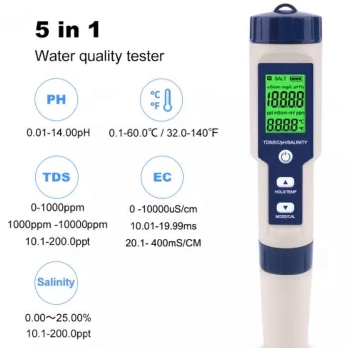 EZ-9909 5 In 1 Alat Ukur Uji Kualitas Air PH TDS Salinity EC Suhu Salinity TDS EC Temperature PH Met