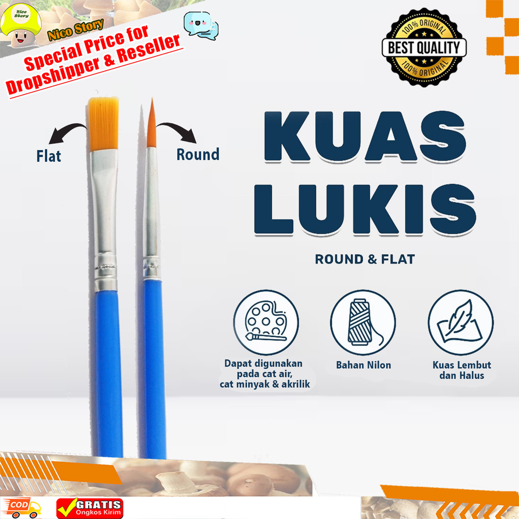 (NCS) Kuas Lukis Cat Air Cet Minyak Akrilik Brush Flat Round Kecil Paint Brash Painting By Numbers A