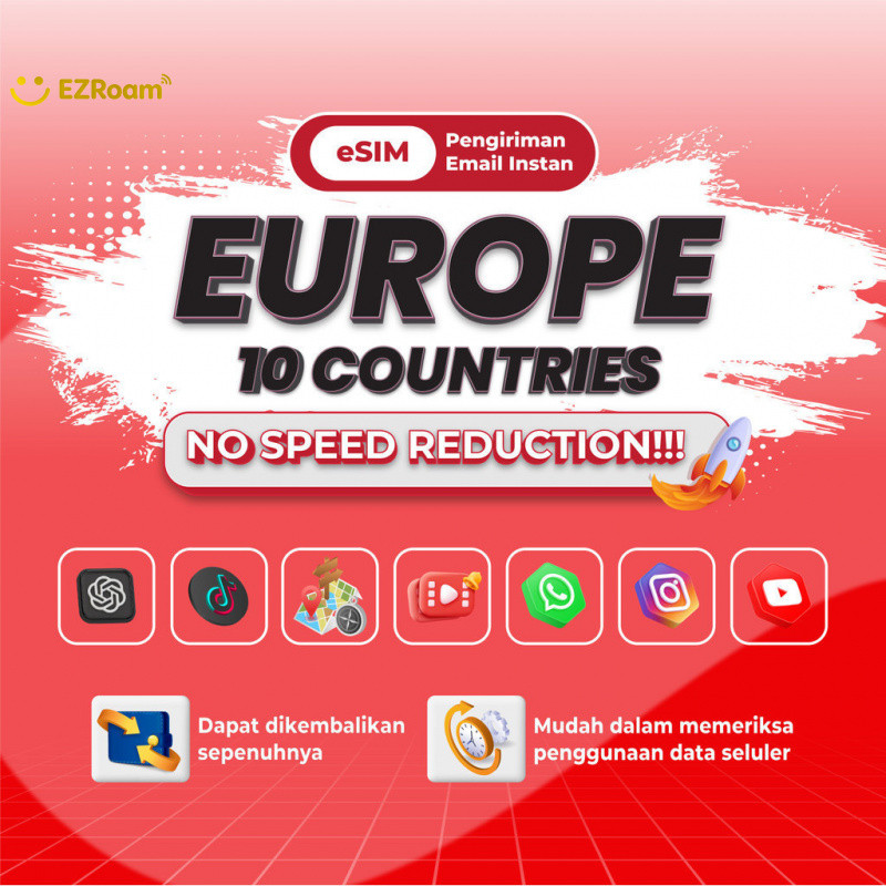 EZRoam Europe 36+ Countries esim Roaming 5G Data 3-20GB 3-30Hari | High Speed Travel Data