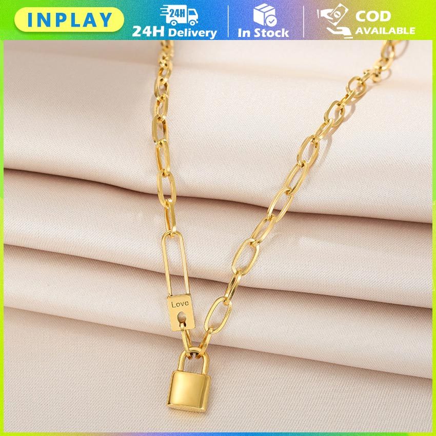 RetroLayer Lock Necklace / Kalung Multilayer Rantai Gembok Gold / Gaya Korea Hip Hop Fashion / Cocok
