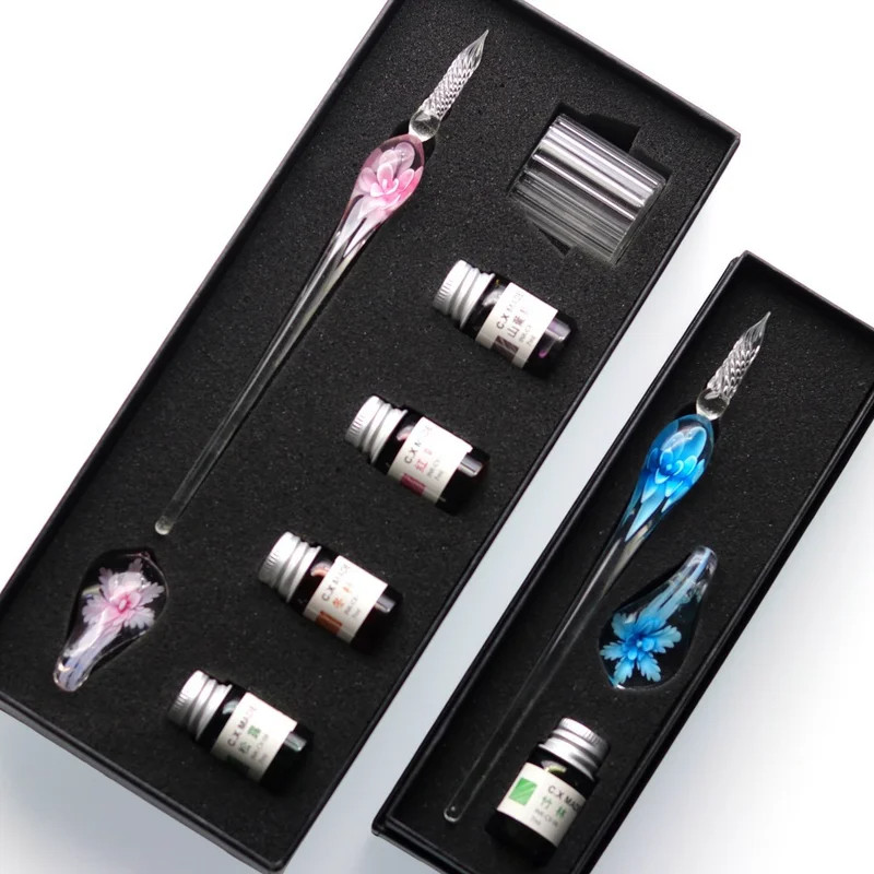 Embedded Flower Glass Pen Set Starry Sky Gold Powder Color Ink Dip in Water Pen Gift Box for Friends