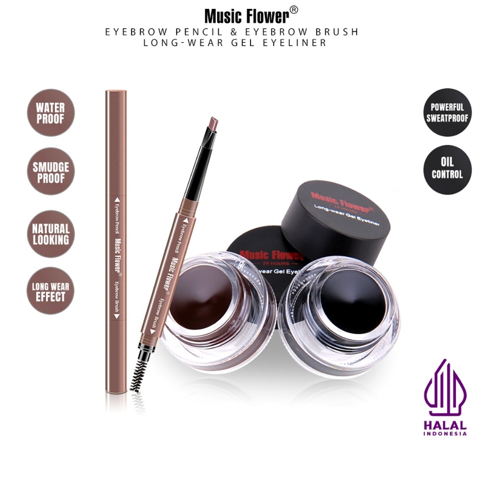 [BUNDLE] MUSIC FLOWER Paket Make Up Mata Sempurna Lengkap - Set Eyeliner Gel + Eyebrow Brush, Pensil