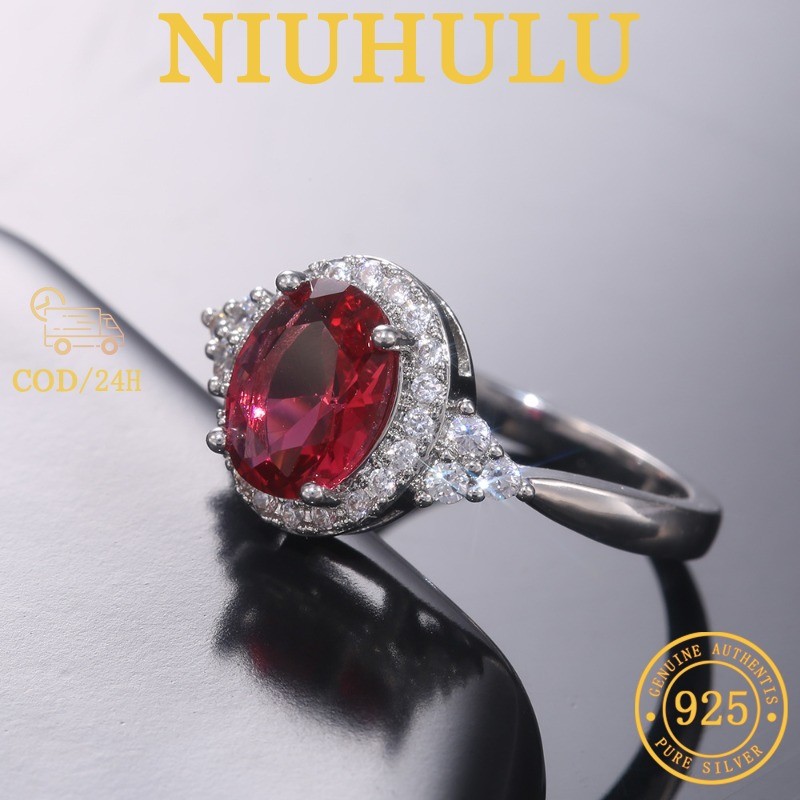 Cincin Wanita Modis Perak Sterling 925 Klasik Dengan Batu Permata Merah Dan Zirkonia Kubik 5A