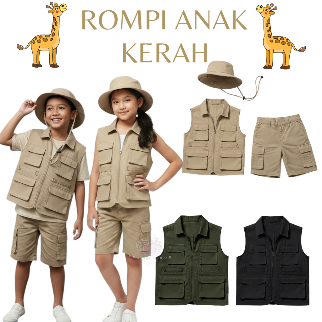 Setelan Rompi Anak Kerah Safari – Outfit Petualang Lucu Usia 2–14 Tahun