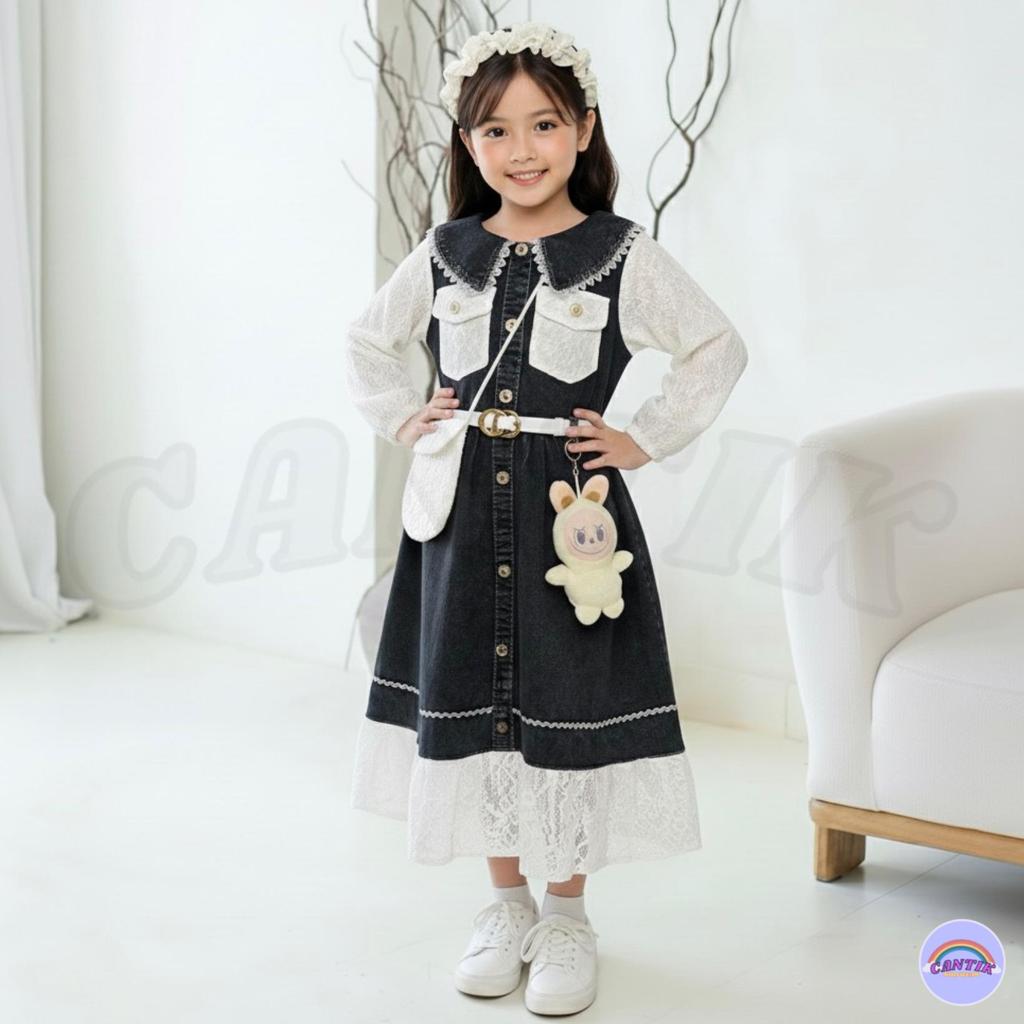 [FREE TAS & BELT] Dress Jeans Import Gamis Brokat Anak Perempuan Usia 2 - 13 Tahun Lebaran Viral