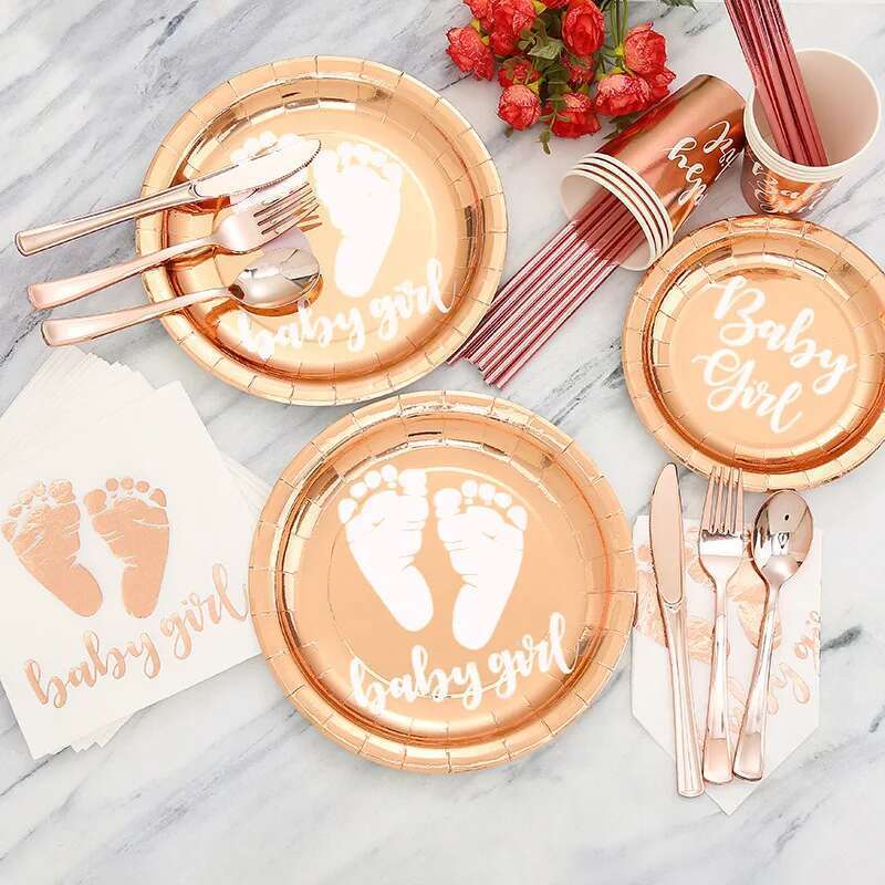 8pcs baby girl hot stamping plate rose gold paper plate birthday party tableware disposable aluminum