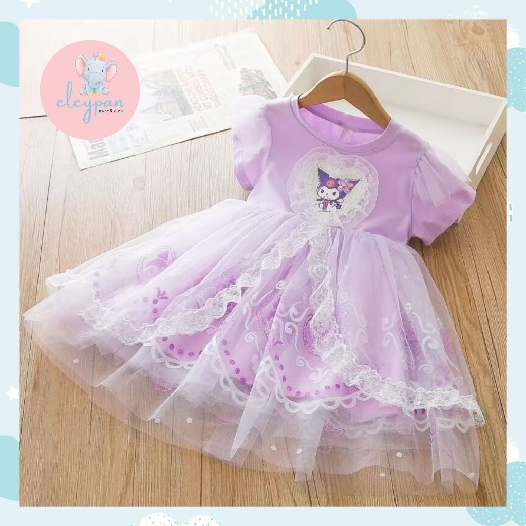 Dress Pesta Kuromi Melody 1-6 Tahun Baju Pesta Anak Warna Ungu Pink Gaun Anak Princess Model Tutu Re