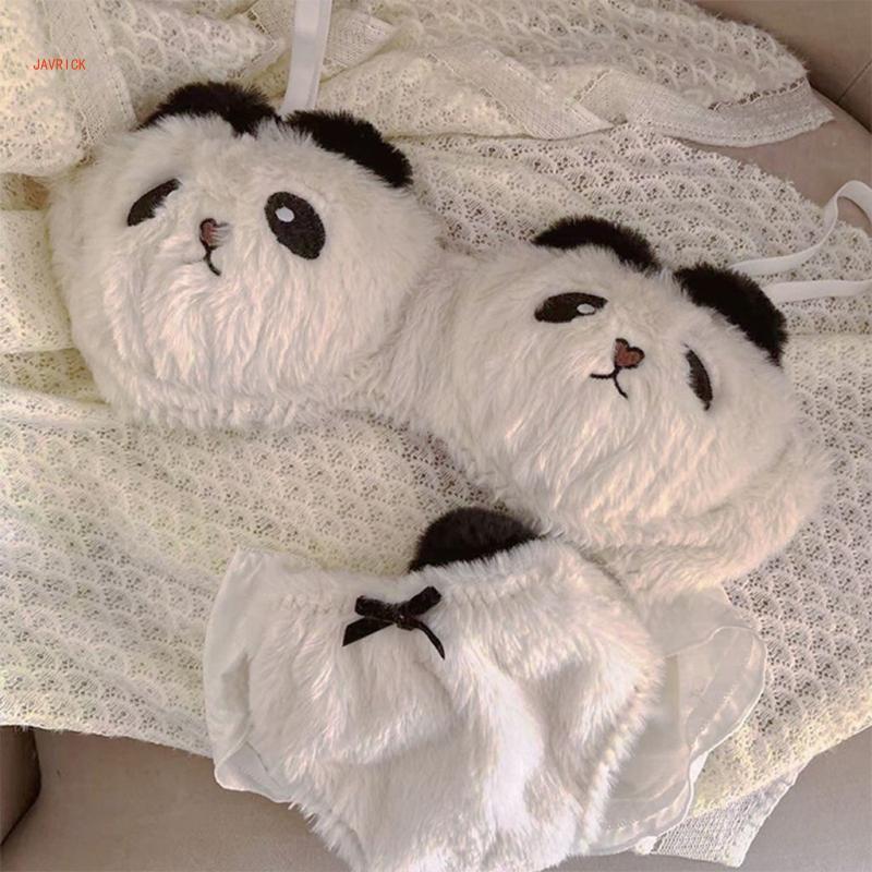 Women's Cartoon Panda Pattern Winter Lingerie Furry Plush Bra and Panty Set School Girl Japanese Ani