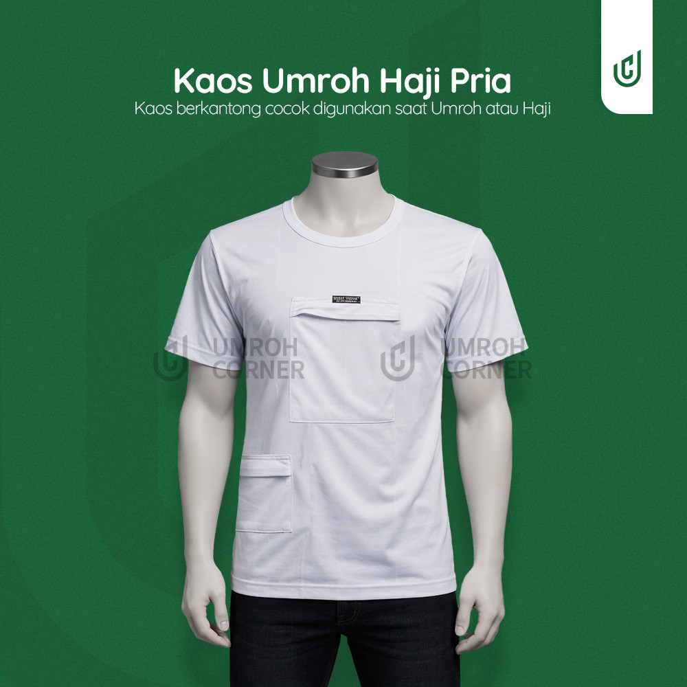 Kaos Umroh Haji Pria Berkantong - Baju Ihrom Kaos Oblong Laki Laki Putih