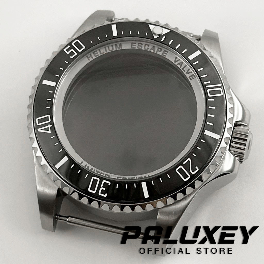44mm Silver DEEP SEA Homage Big Sapphire Crystal Watch Case Black Ceramic Bezel Fit NH35 NH36 4R35 4