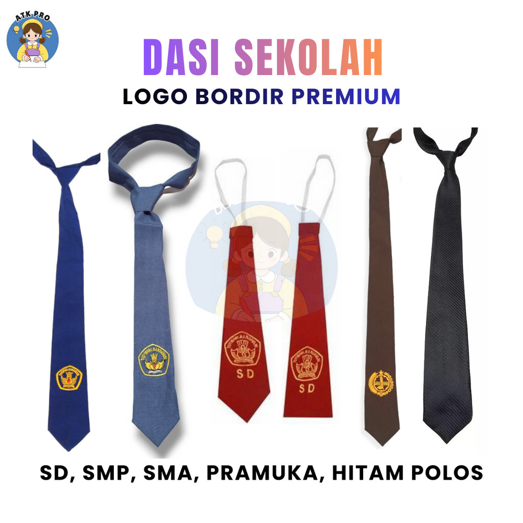 Dasi Sekolah SD SMP SMA Bordir Dasi Hitam Coklat Pramuka (Premium) Putra Putri / Dasi Sekolah Unisex