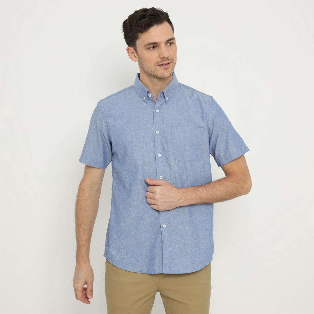 SYAZIAS Platini Kemeja Pria Polos Oxford Pendek Dusty Blue 1069