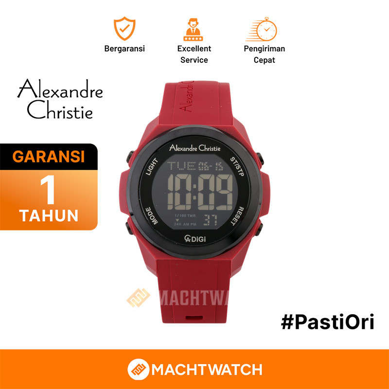 Jam Tangan Pria Alexandre Christie Digi AC 9342 MH RIGBARE Men Black Digital Dial Red Rubber Strap