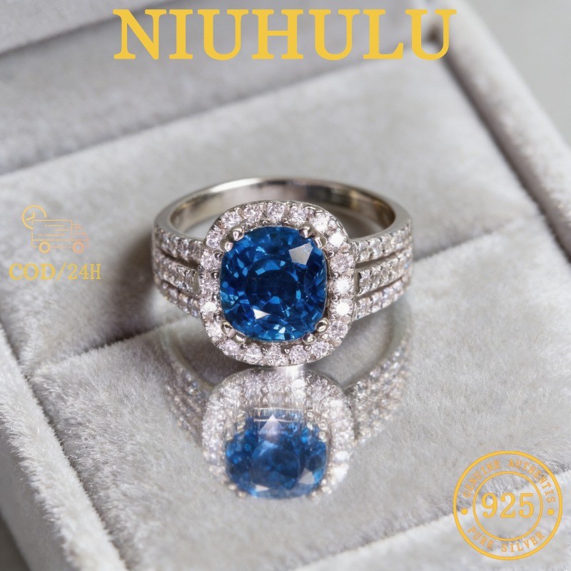 Cincin Wanita Tiga Baris Berlian Zirkonium Biru Mewah 8mm Perak 925