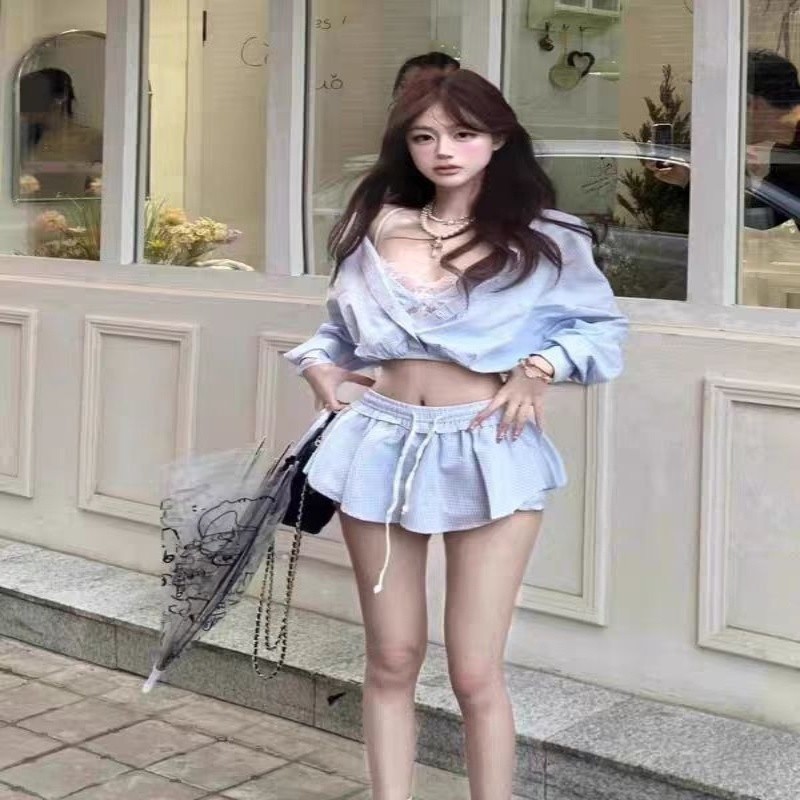 [Pakaian Ratu] Mantel kemeja kotak - kotak hottie manis baru wanita rompi tali renda rok pinggang