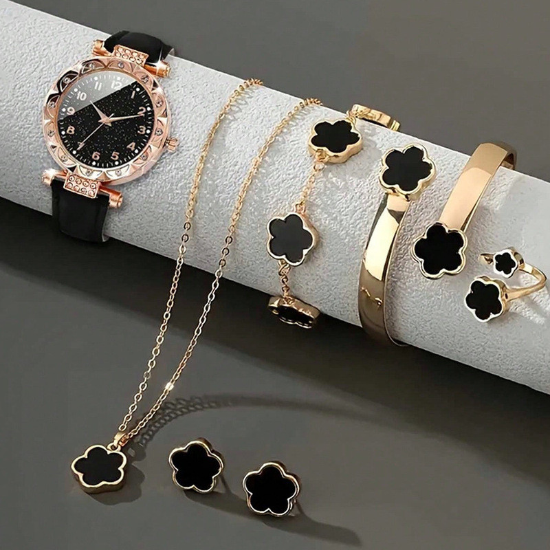 Jam Tangan Wanita Berlian Pita Kulit Angka Quartz Set Perhiasan Daun Clover Lebaran 2026
