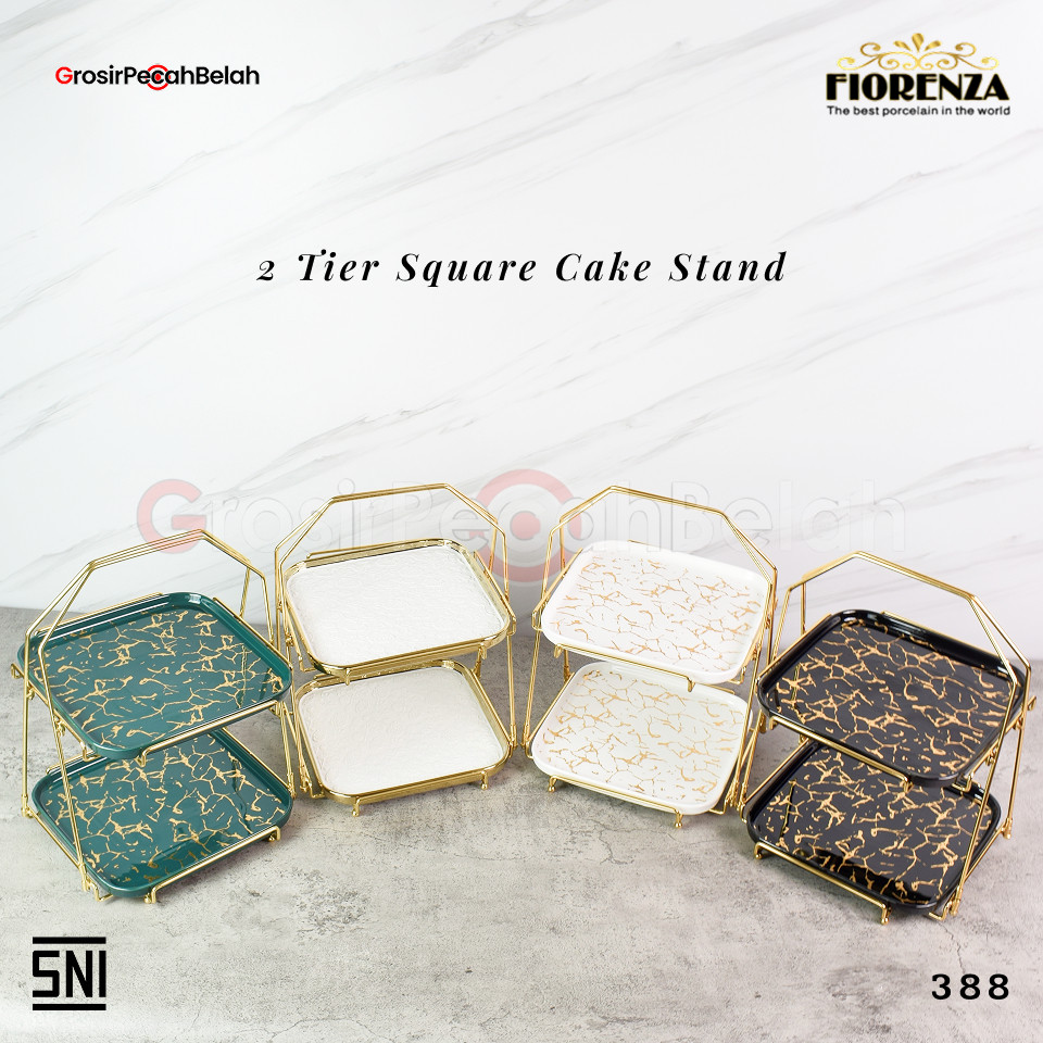 Fiorenza - Tempat Wadah Kue Buah Keramik Kitchenware Rak Susun Tingkat 2 | Motif Marble Linning Gold