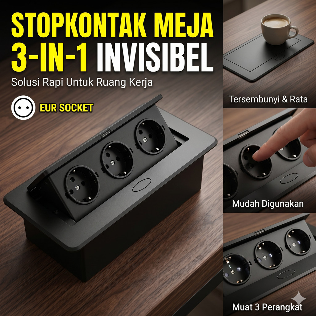 Stop Kontak Meja Pop Up 3 Lubang Aluminium Besi Colokan Listrik Kantor